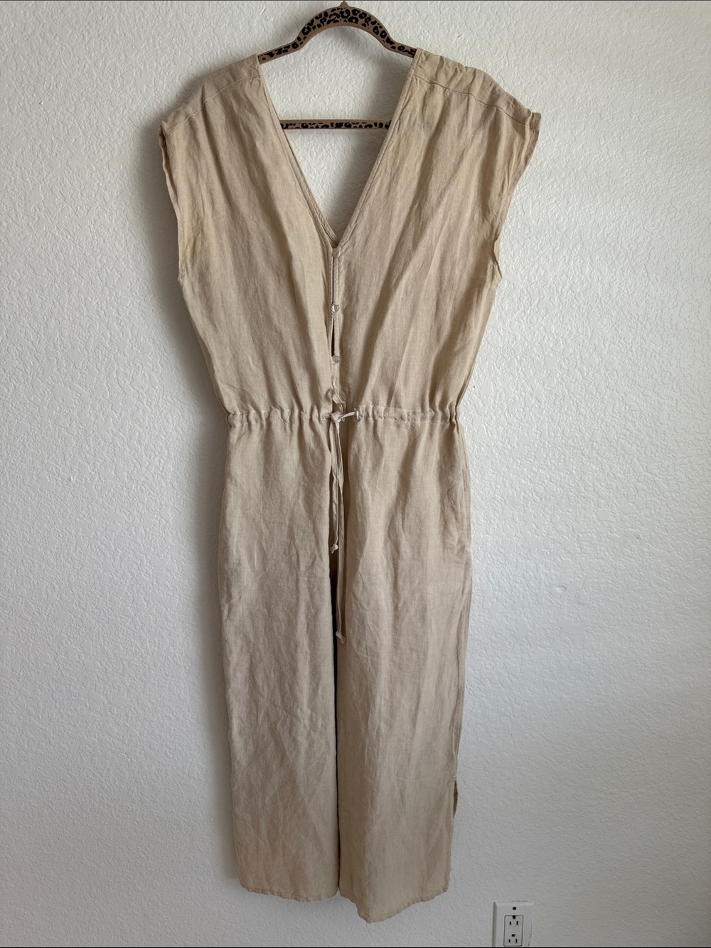 cloth & stone Natural Beige Linen V-Neck Wide Leg Drawstring Jumpsuit